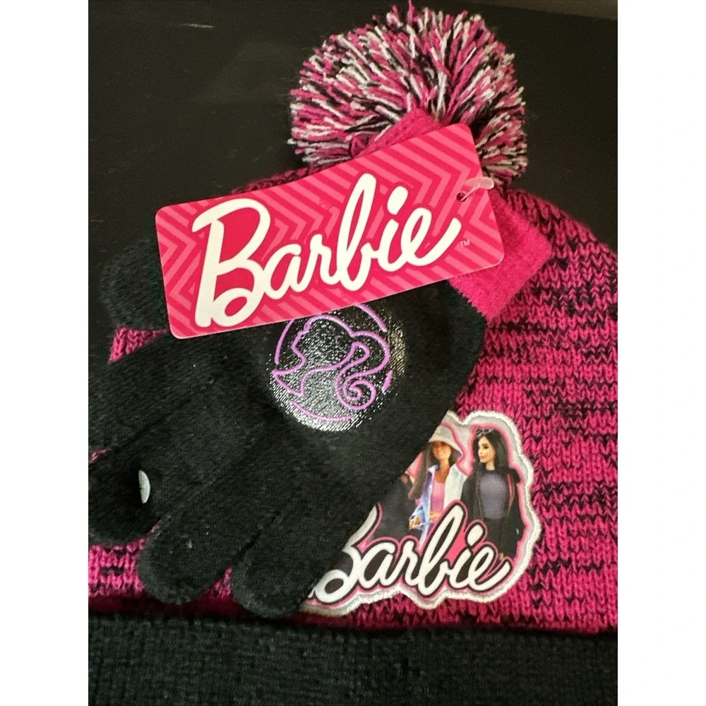 Barbie Beanie & Gloves Youth‎ Pom Pink & Black 2 Piece Set